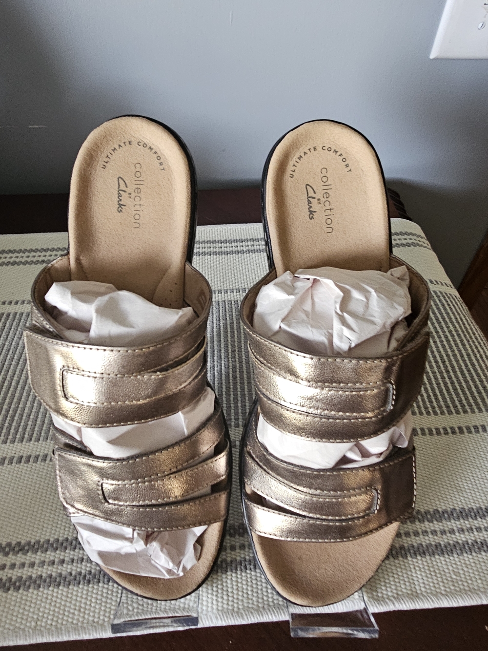 Clarks Metallic Bronze Triple-Strap Slide Sandals